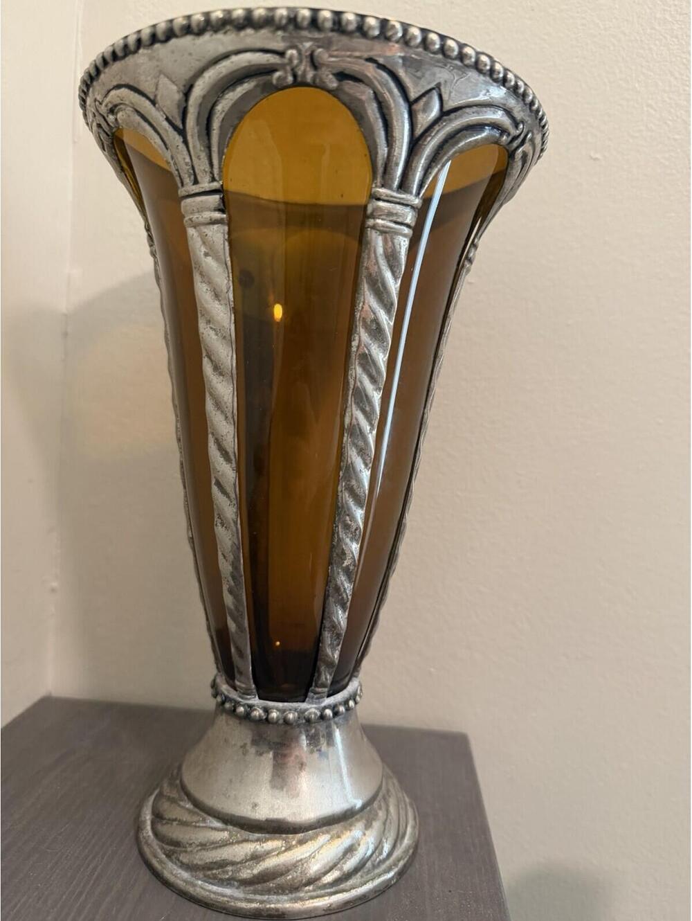 RARE French Neoclassical Amber Art Glass Tumbler-Silver-Plated Metal